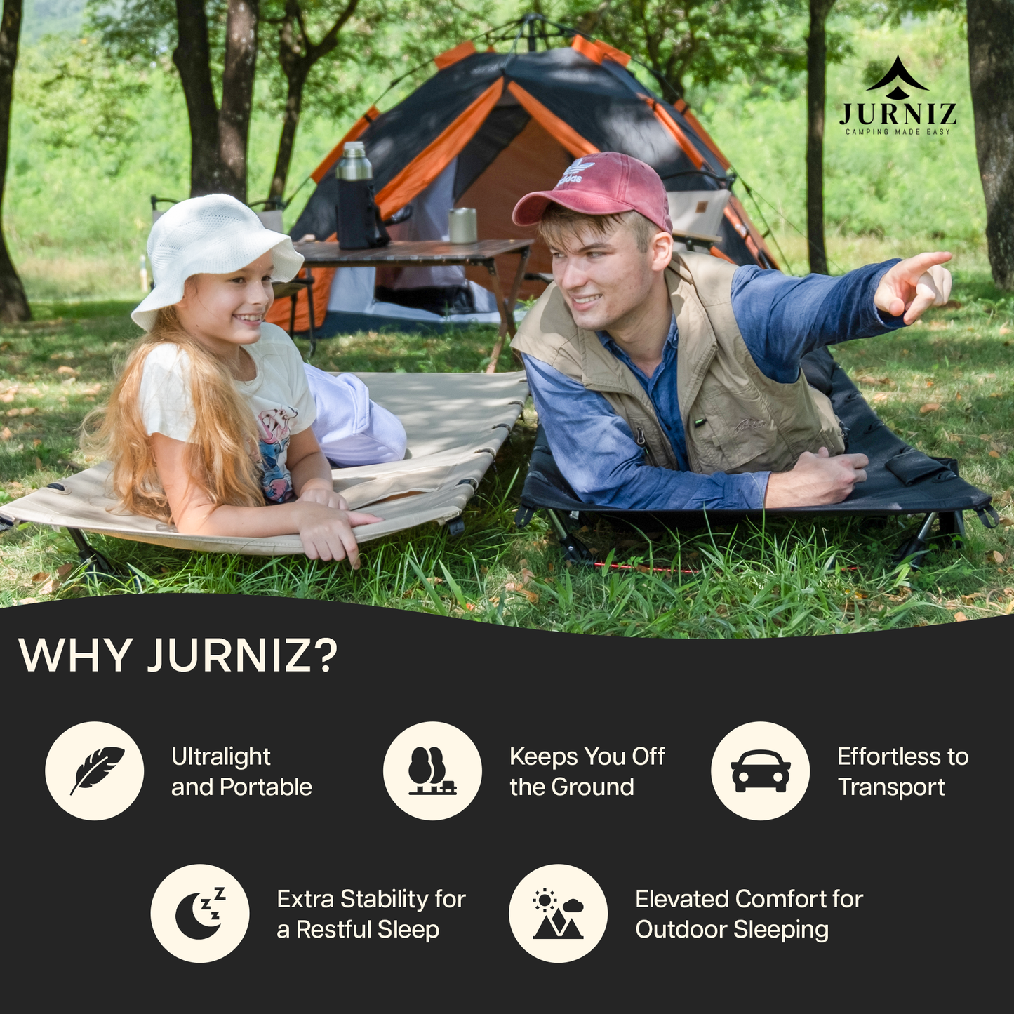 JURNIZ Ultralight Camping Cot for Adults and Kids; Supports up to 330lbs; 4.85lbs Ultralightweight Portable Camping Bed for Hiking, Camping and Backpacking with Carry Bag