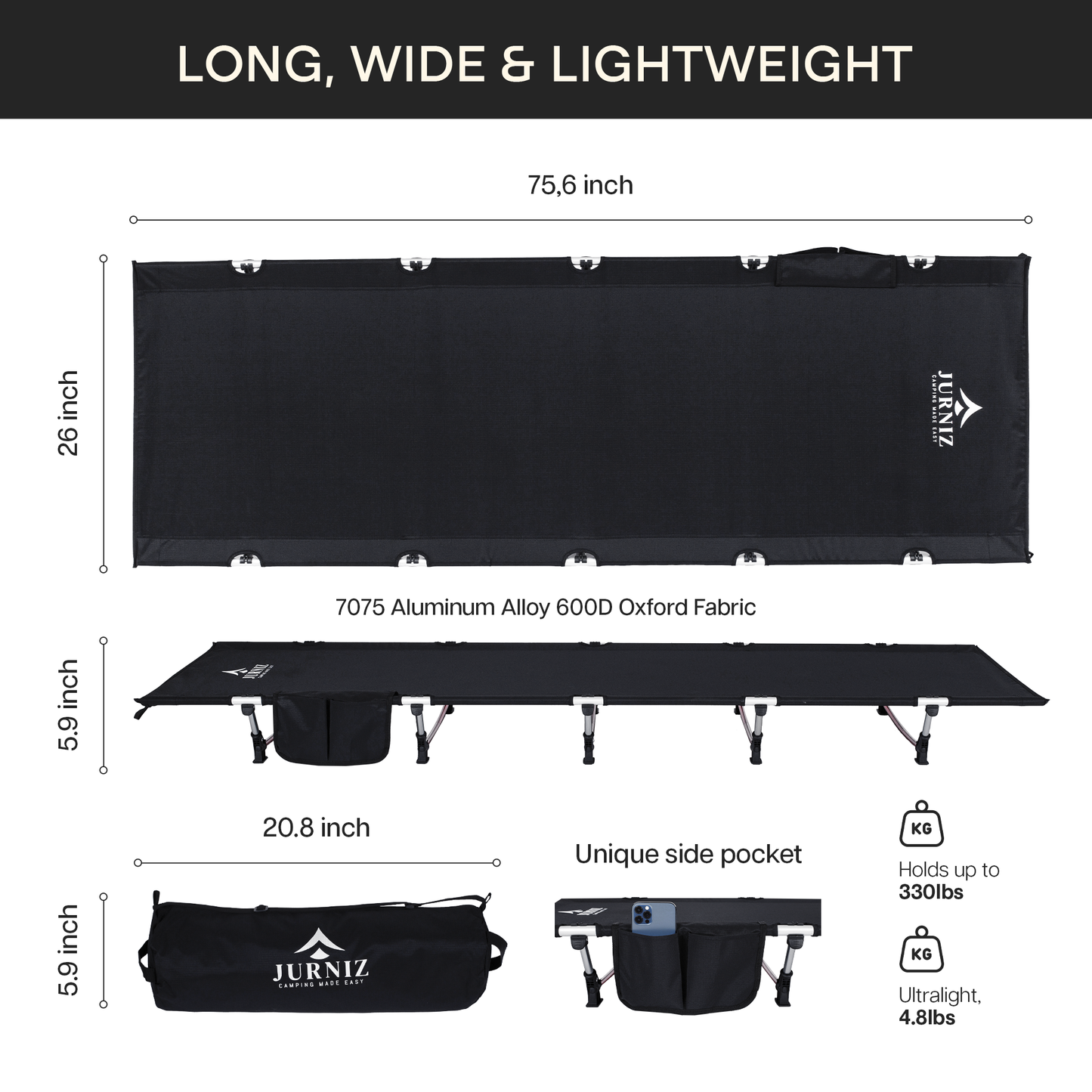 JURNIZ Ultralight Camping Cot for Adults and Kids; Supports up to 330lbs; 4.85lbs Ultralightweight Portable Camping Bed for Hiking, Camping and Backpacking with Carry Bag
